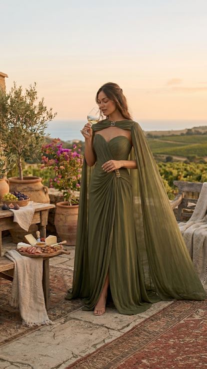 Olive Taş Detaylı Pelerinli Şifon Abiye Elbise